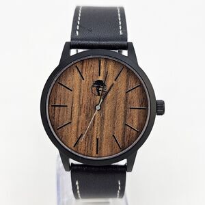 Men's Watch 40MM Black Wood Grain Dial Black Leather Band Straps New‎ Battery